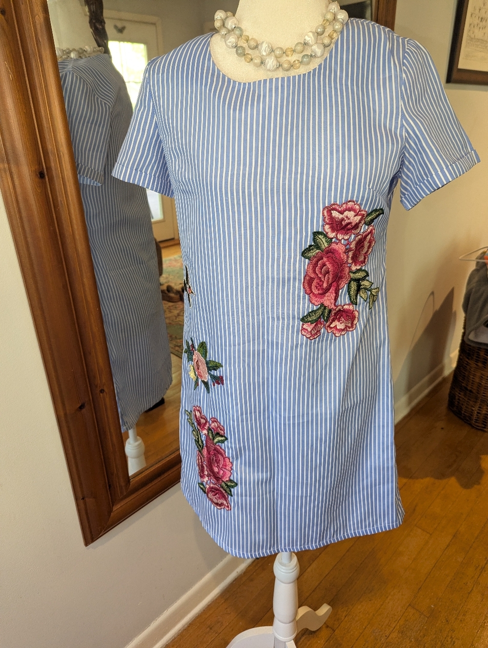 Yumi Blue Striped Midi Dress with Pink Floral Embroidery